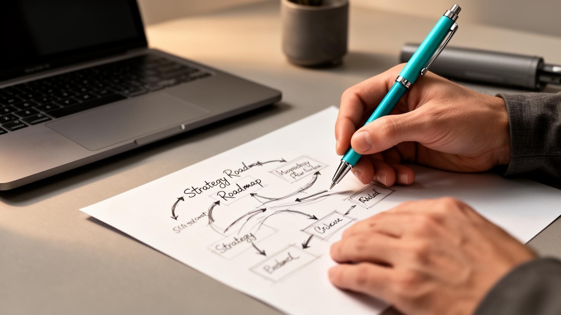 Hands sketching a strategy roadmap on paper next to a laptop